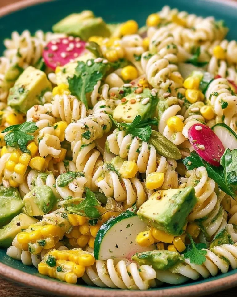 Salade de pâtes végétarienne avec maïs, avocat et herbes fraîches