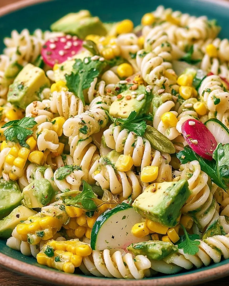 Salade de pâtes végétarienne avec maïs, avocat et herbes fraîches