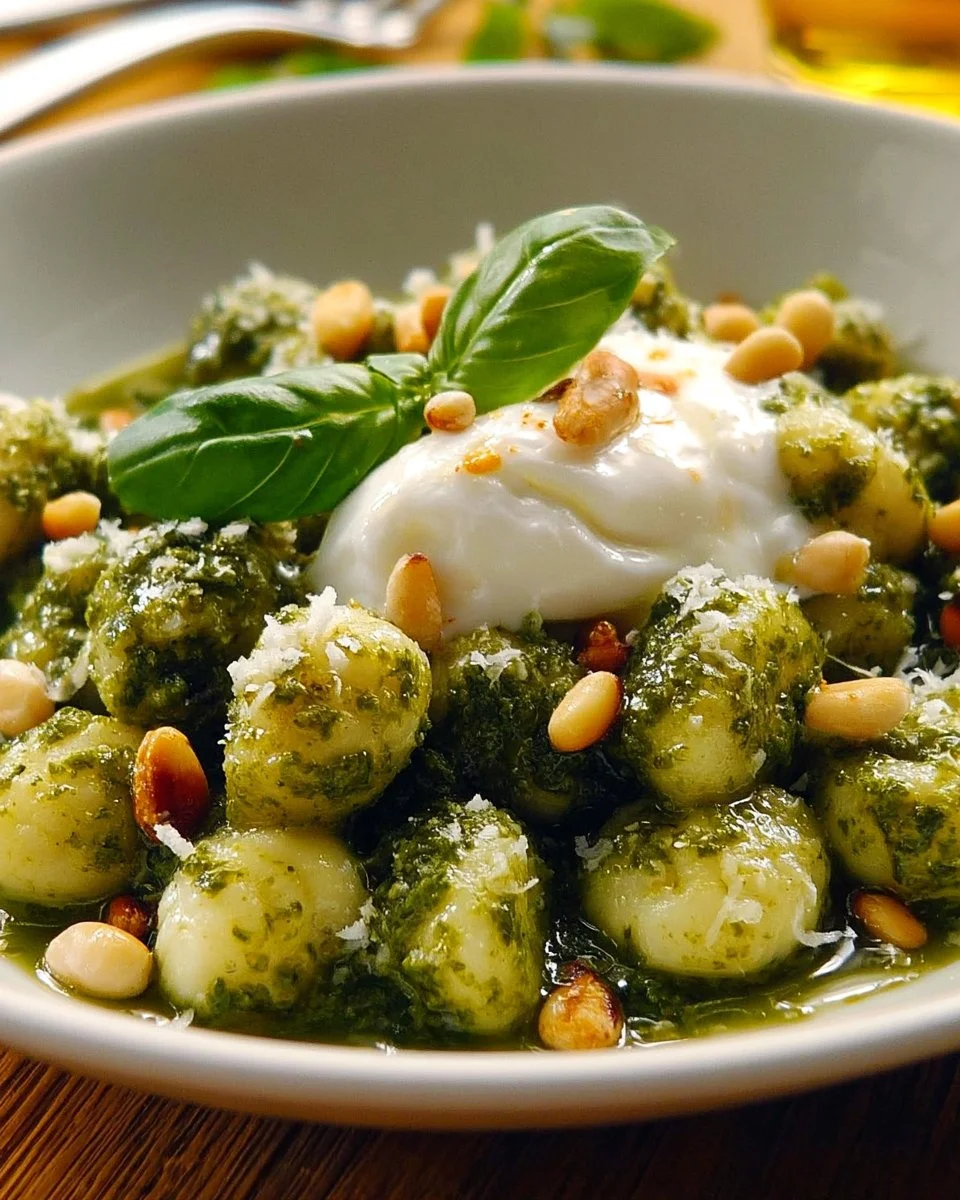 Gnocchis au Pesto, Burrata Fondante et Pignons Grillés