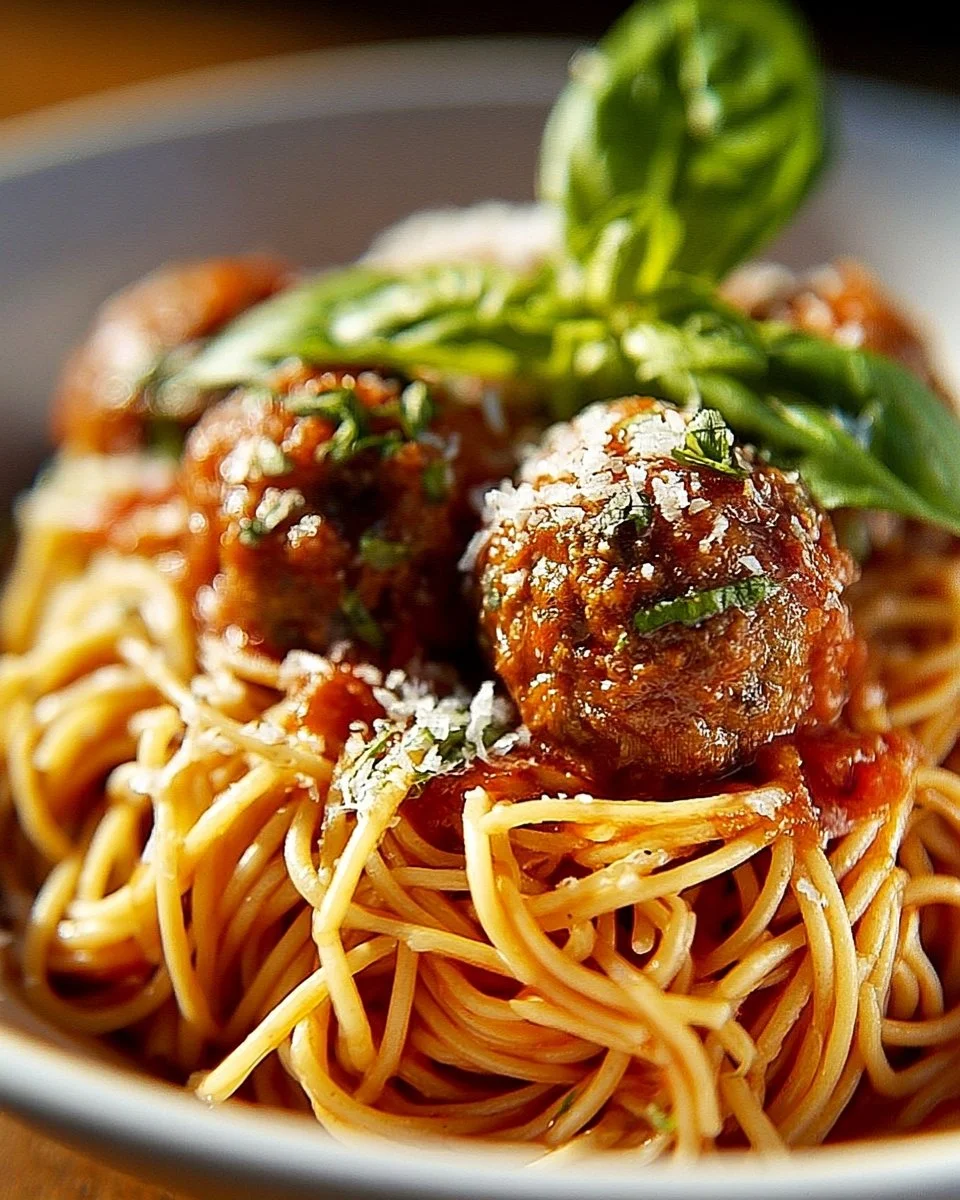 Spaghettis aux Boulettes de Bœuf, Basilic et Parmesan