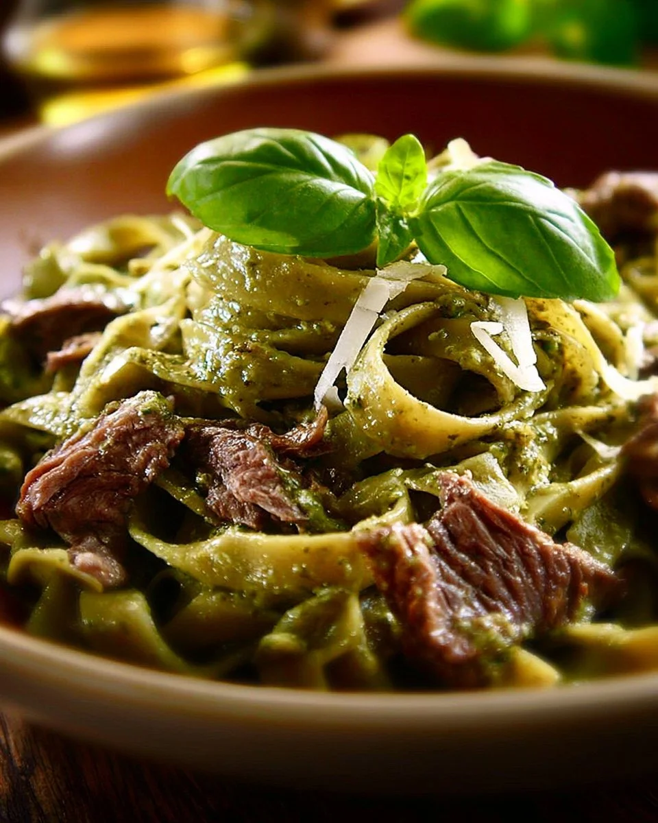 Tagliatelles au Pesto de Basilic et Émincé de Bœuf Italien