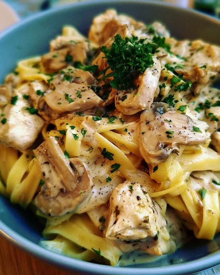Fettuccines au poulet et champignons dans une assiette délicieuse