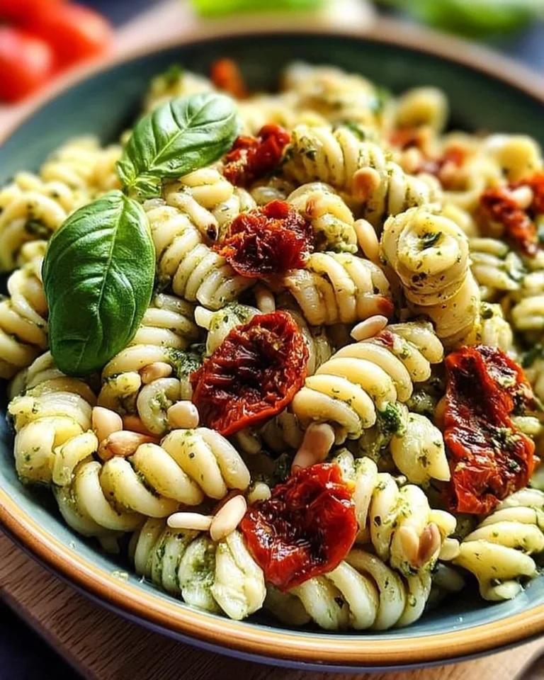 Salade de pâtes avec pesto, tomates cerises et pignons de pin