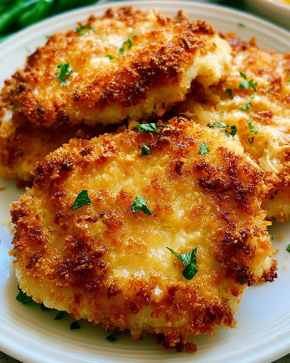Poulet croustillant au parmesan servi avec des garnitures délicieuses