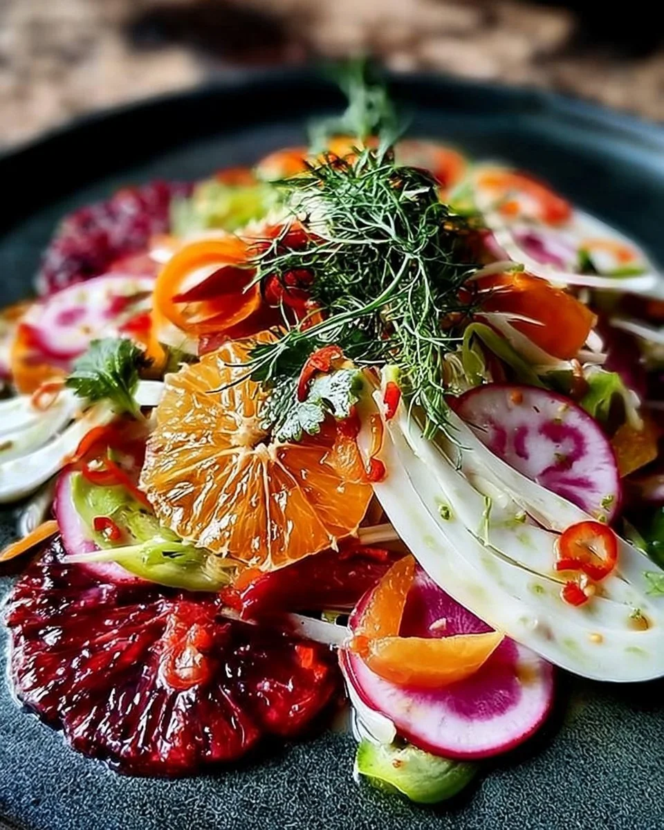 Salade de fenouil avec agrumes et radis colorés dans un bol
