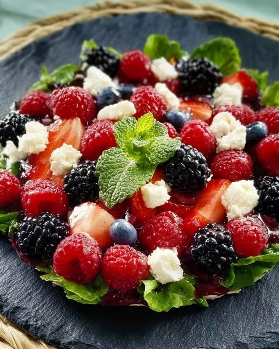 Salade de fruits rouges garnie de menthe et de fromage frais
