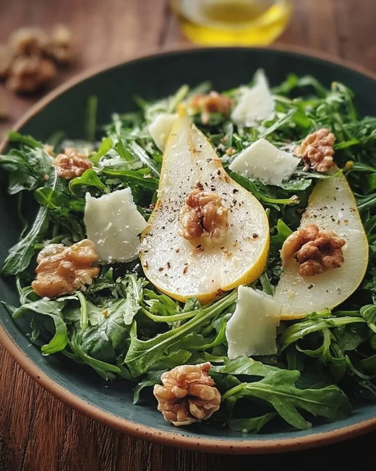 Salade de roquette aux poires, parmesan et noix, savoureuse et rafraîchissante.