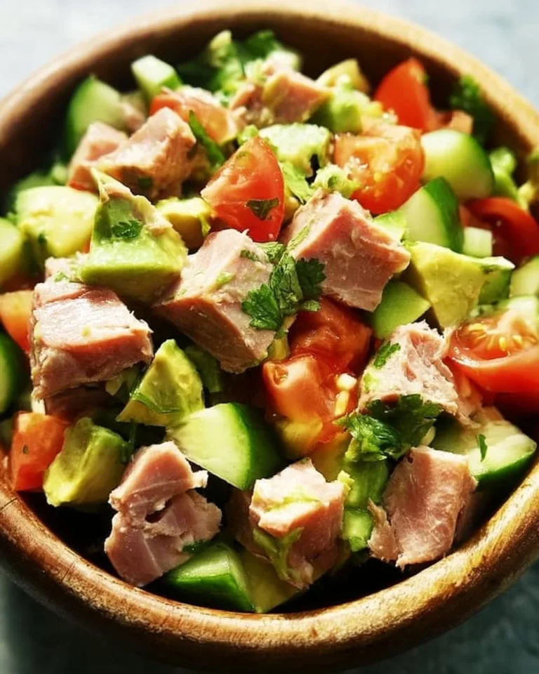 Salade de Thon avec avocat et concombre, plat frais et sain.