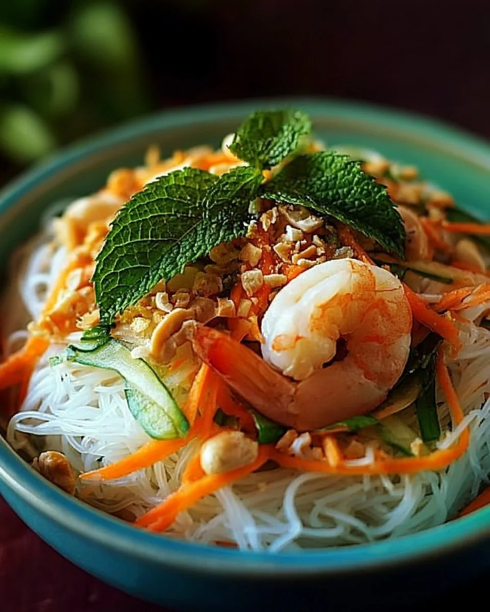 Salade de vermicelles Vietnamienne garnie de légumes frais et herbes aromatiques.