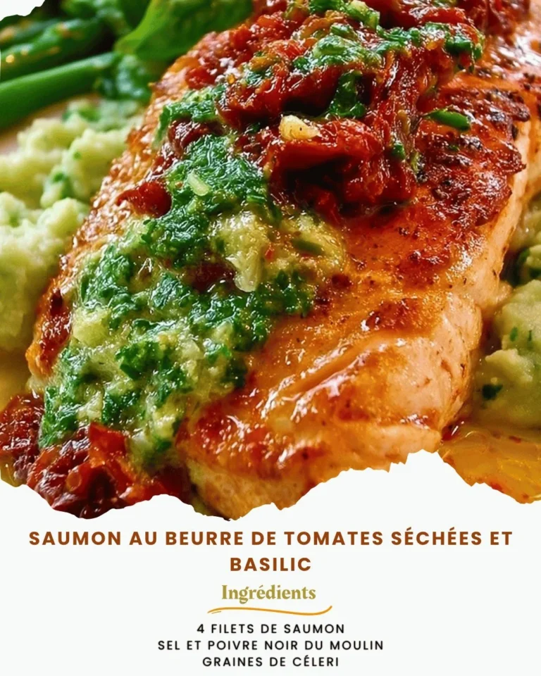 Saumon au beurre de tomates séchées et basilic, plat savoureux et élégant.
