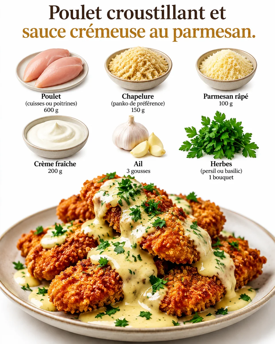 Poulet croustillant avec sauce crémeuse au parmesan dans une assiette