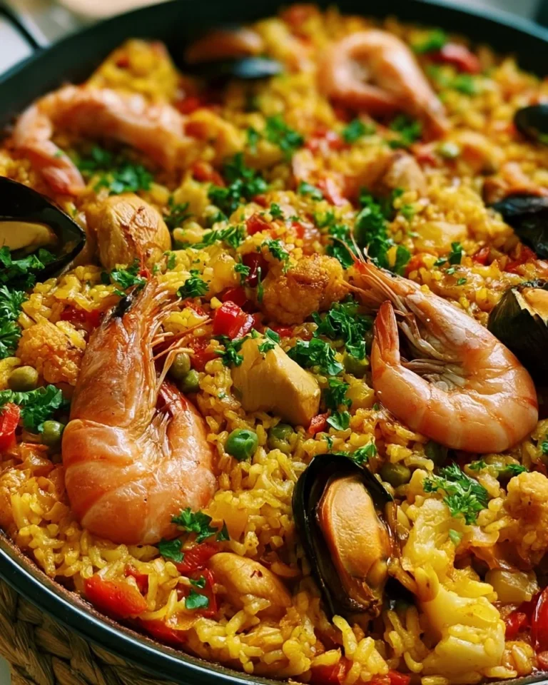 Paella au poulet et fruits de mer avec riz parfumé et légumes fondants.