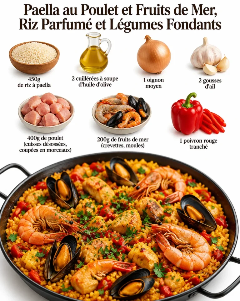 Une paella colorée avec poulet, fruits de mer et légumes frais dans une grande poêle.