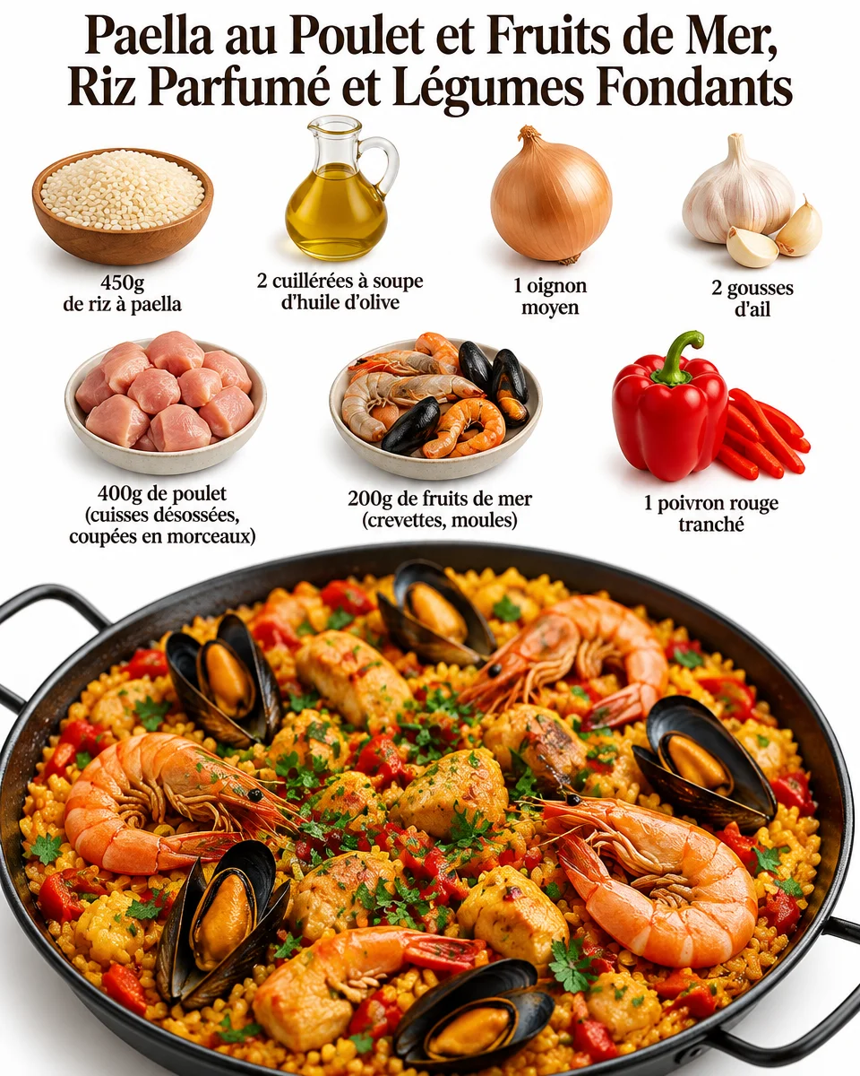 Une paella colorée avec poulet, fruits de mer et légumes frais dans une grande poêle.