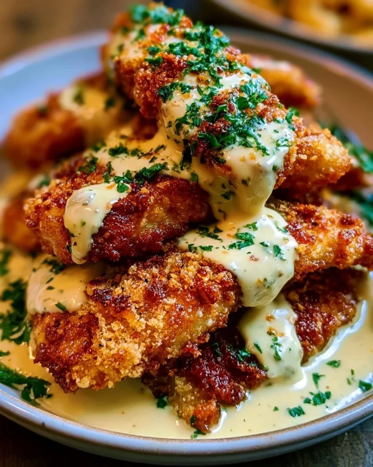 Poulet croustillant avec sauce crémeuse au parmesan prêt à être dégusté