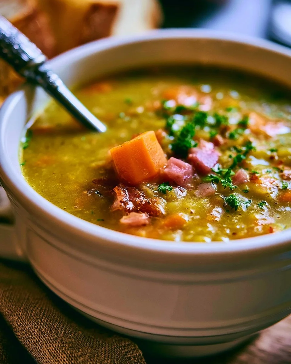 Bowl of rustic split pea soup, featuring fresh ingredients and herbs.