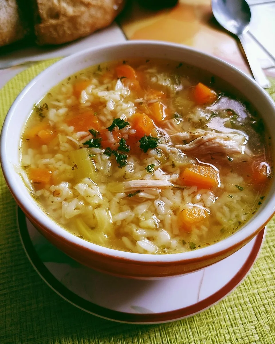 Soupe de poulet avec riz et légumes, un plat fait maison réconfortant.