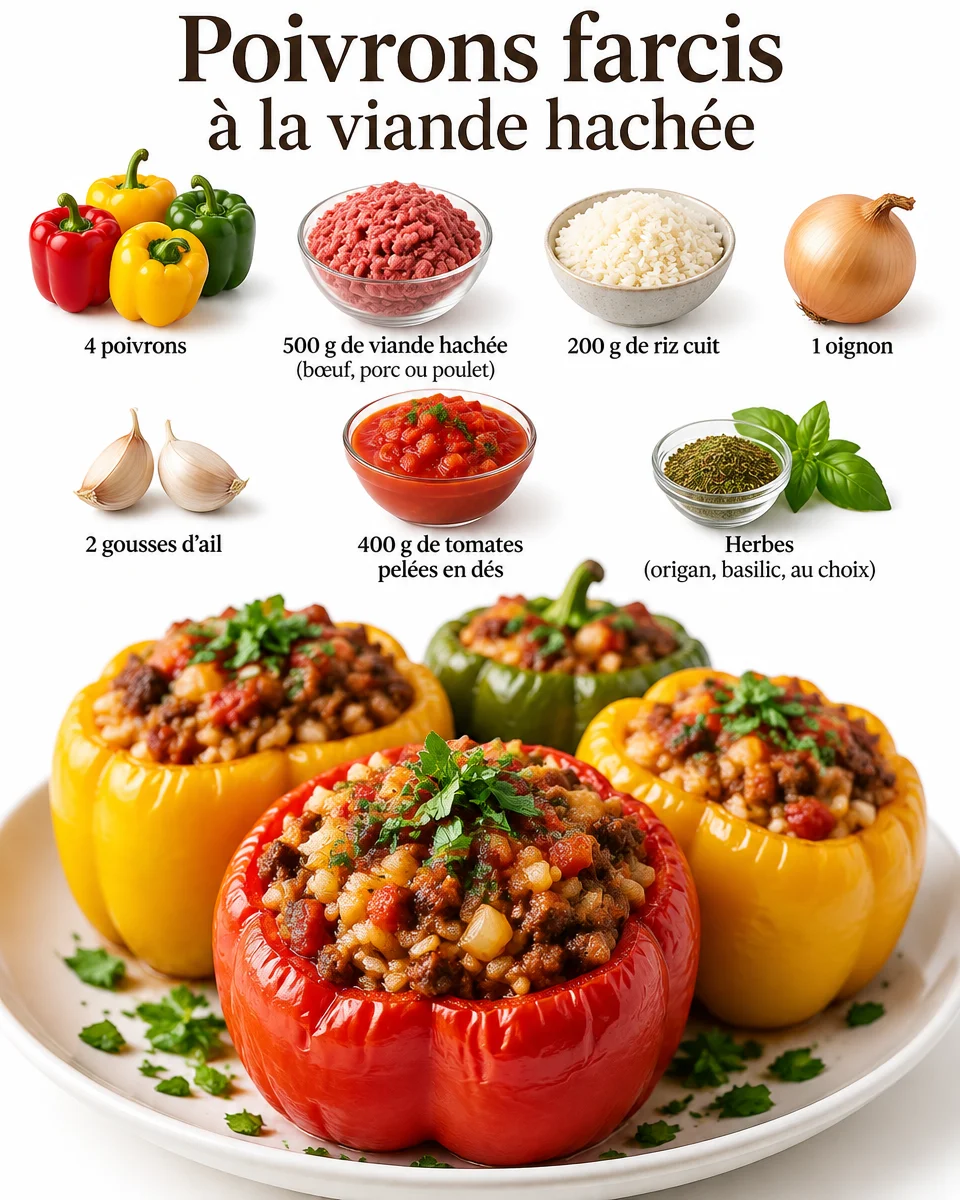Recette de poivrons farcis avec de la viande hachée, savoureux et coloré.