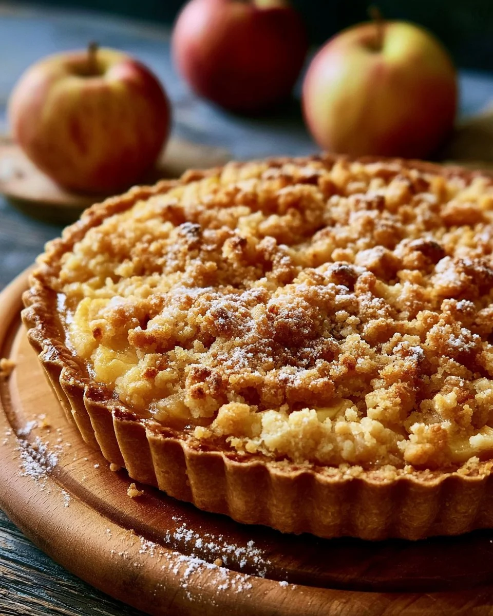 Tarte crumble à la compote de pomme, dessert gourmand et réconfortant.